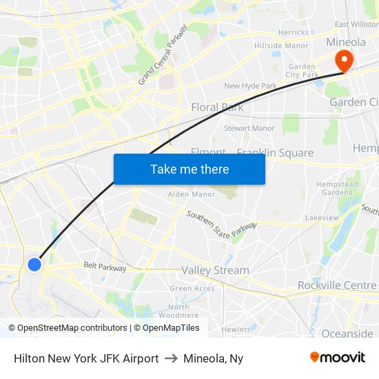 Hilton New York JFK Airport to Mineola, Ny map
