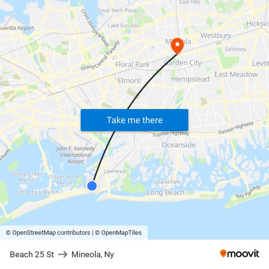 Beach 25 St to Mineola, Ny map