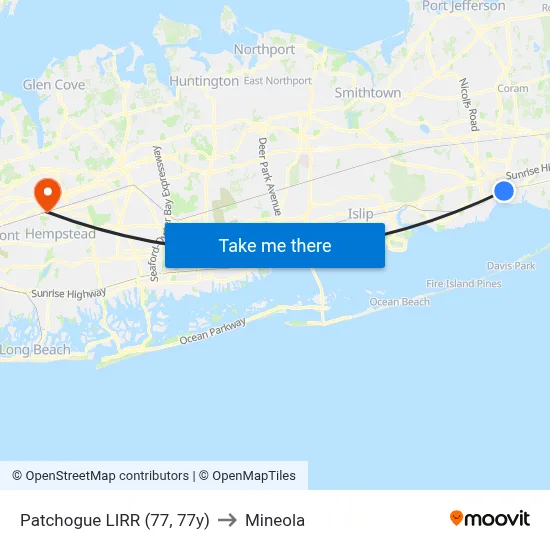 Patchogue LIRR (77, 77y) to Mineola map