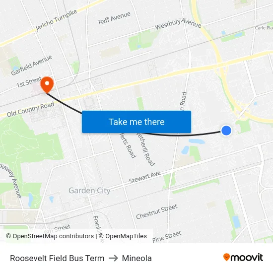 Roosevelt Field Bus Term to Mineola map