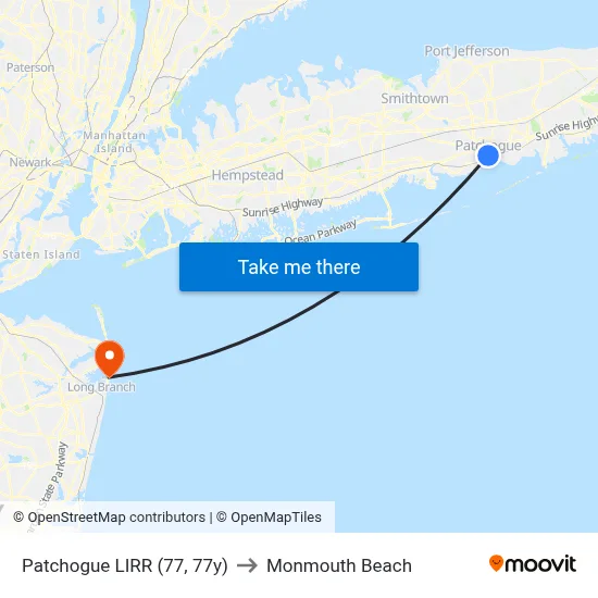 Patchogue LIRR (77, 77y) to Monmouth Beach map