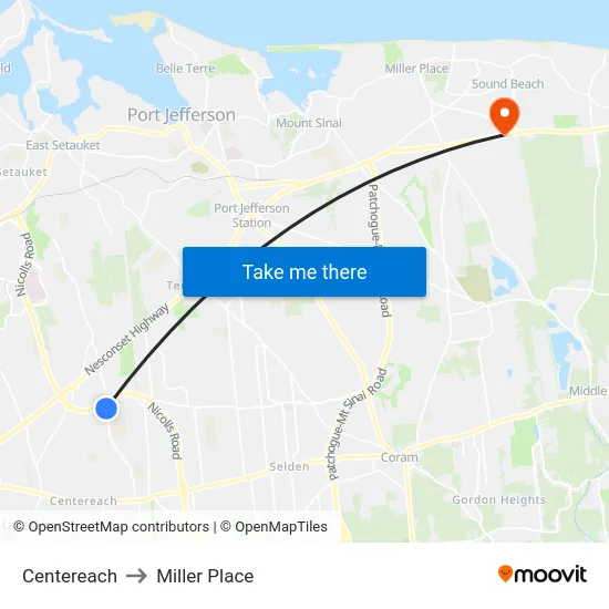 Centereach to Miller Place map