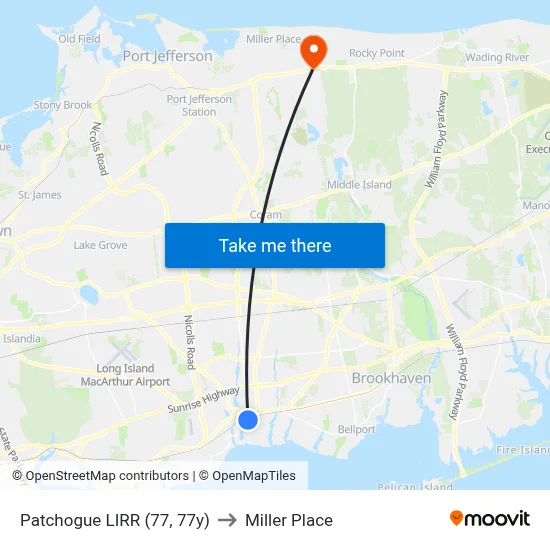 Patchogue LIRR (77, 77y) to Miller Place map