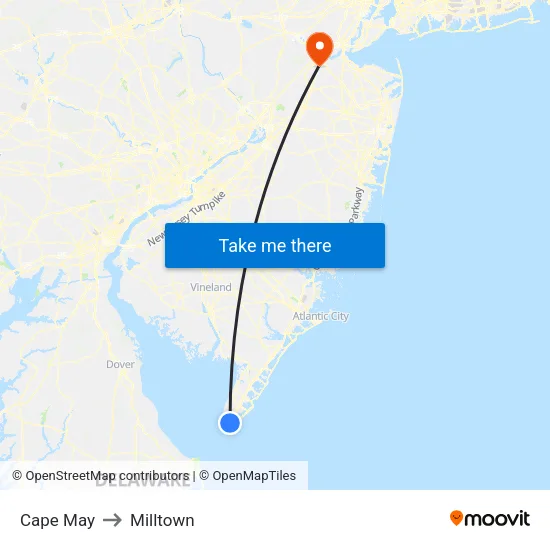 Cape May to Milltown map