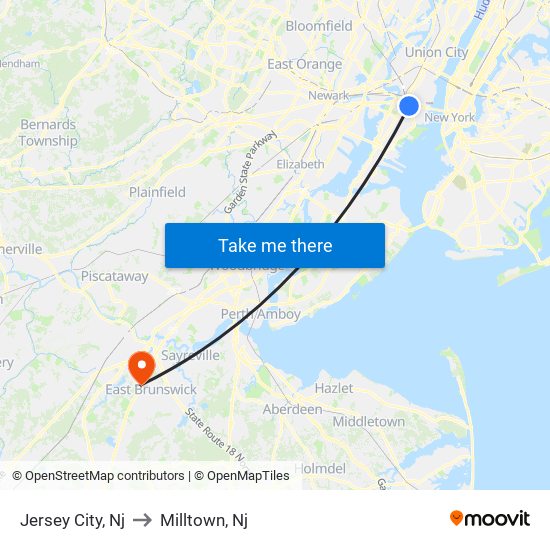 Jersey City, Nj to Milltown, Nj map