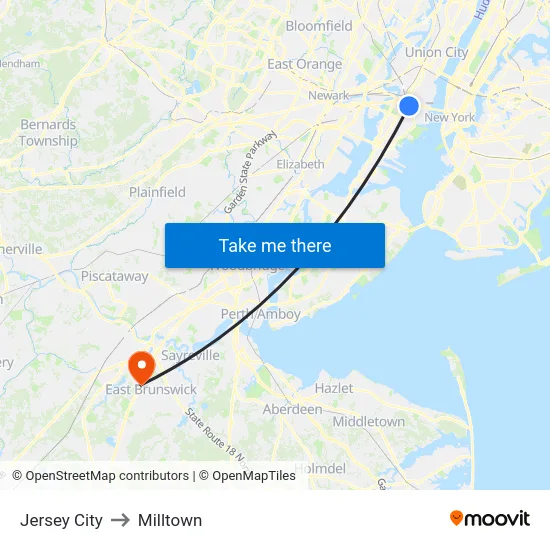 Jersey City to Milltown map
