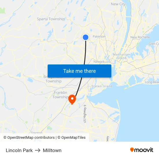 Lincoln Park to Milltown map