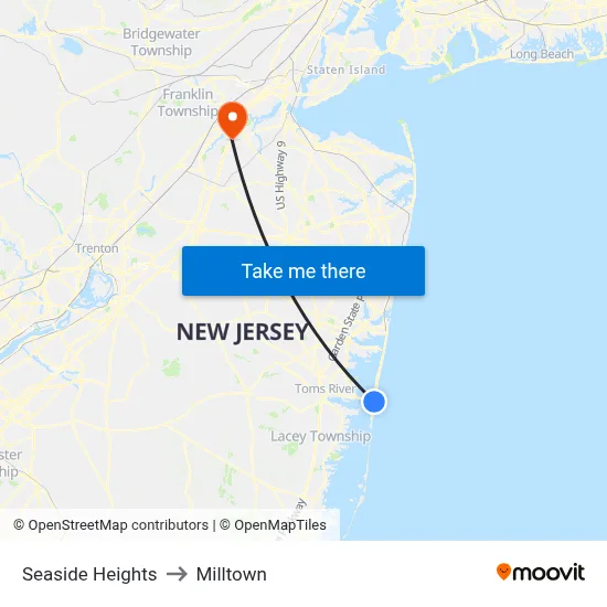 Seaside Heights to Milltown map