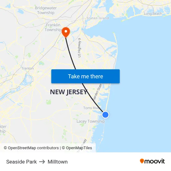 Seaside Park to Milltown map