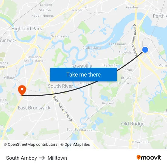 South Amboy to Milltown map