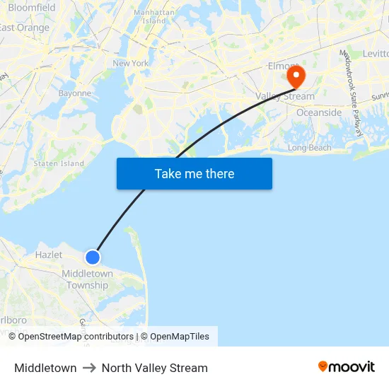 Middletown to North Valley Stream map