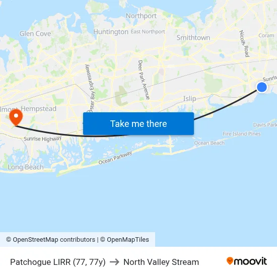 Patchogue LIRR (77, 77y) to North Valley Stream map