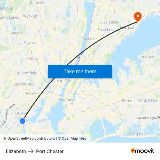 Elizabeth to Port Chester map
