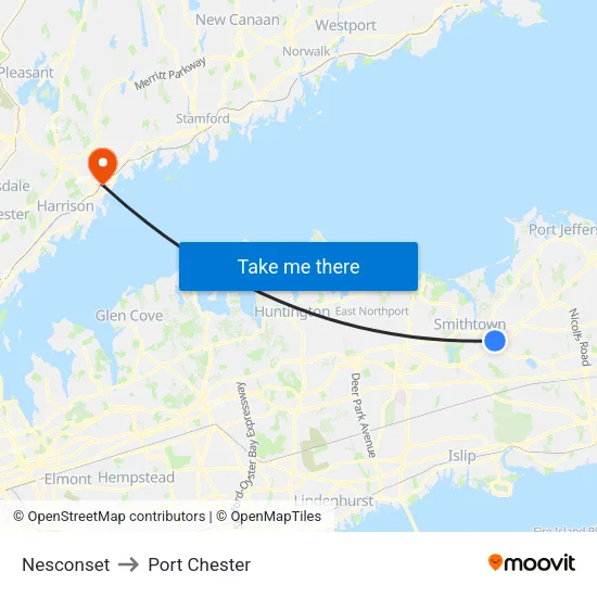 Nesconset to Port Chester map