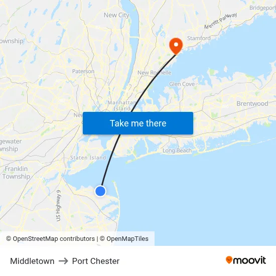 Middletown to Port Chester map
