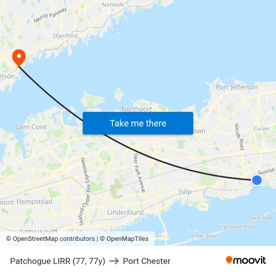 Patchogue LIRR (77, 77y) to Port Chester map