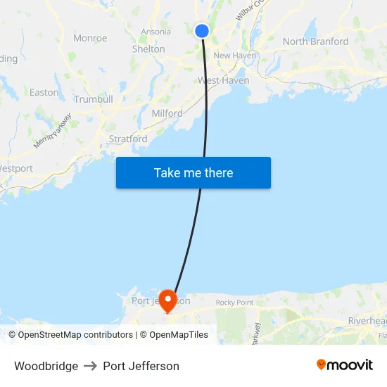 Woodbridge to Port Jefferson map