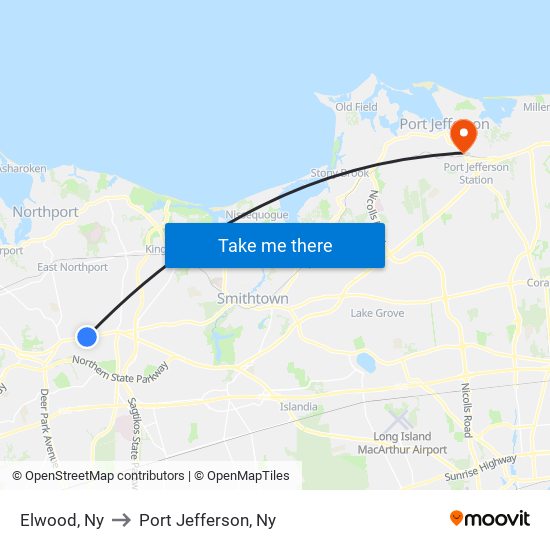 Elwood, Ny to Port Jefferson, Ny map