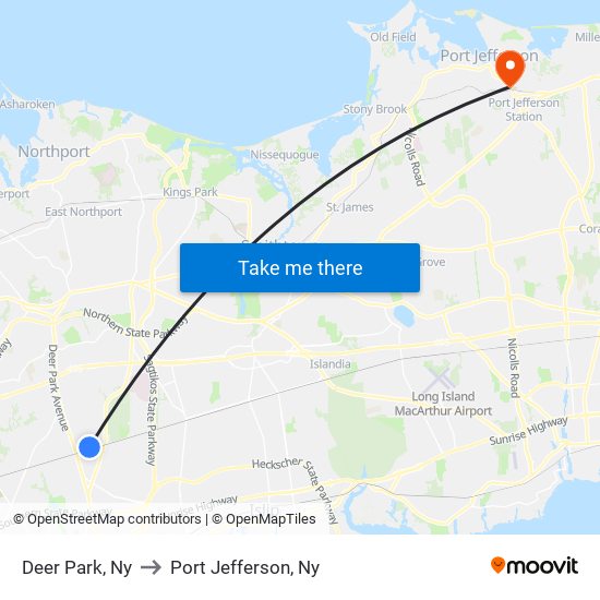 Deer Park, Ny to Port Jefferson, Ny map