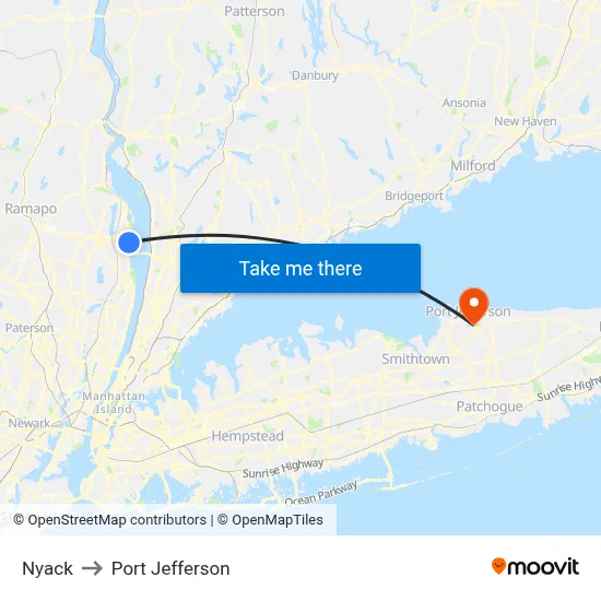 Nyack to Port Jefferson map