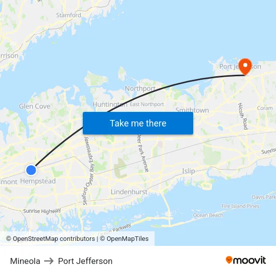 Mineola to Port Jefferson map