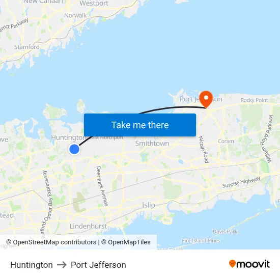 Huntington to Port Jefferson map