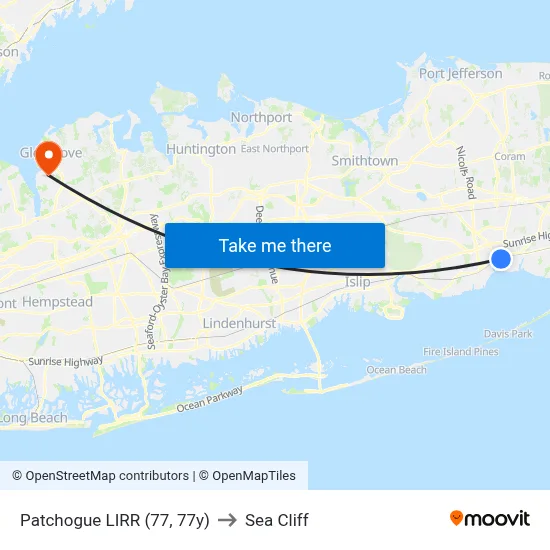 Patchogue LIRR (77, 77y) to Sea Cliff map