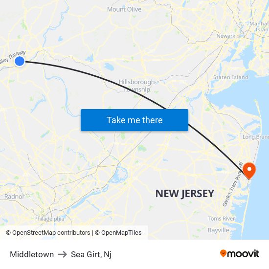 Middletown to Sea Girt, Nj map