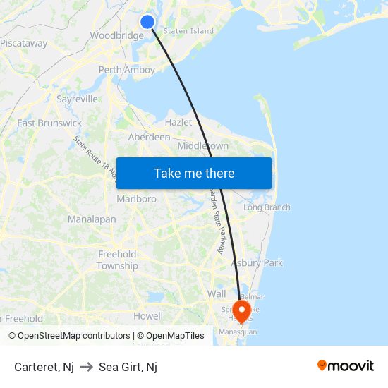 Carteret, Nj to Sea Girt, Nj map