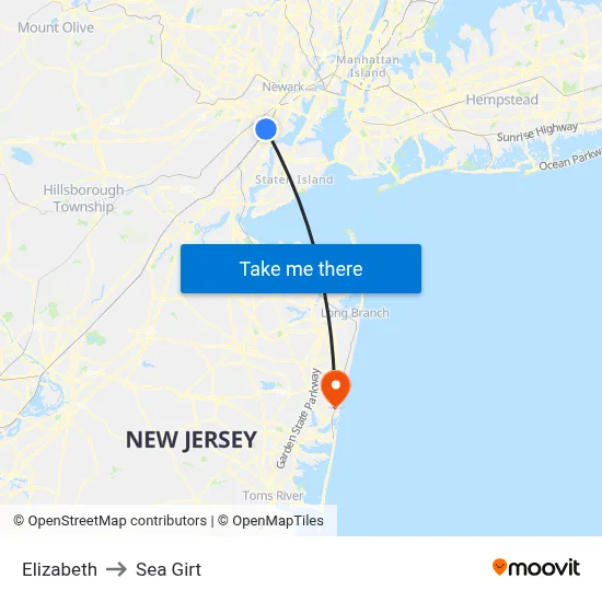 Elizabeth to Sea Girt map