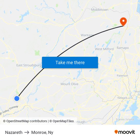 Nazareth to Monroe, Ny map