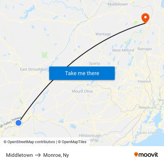 Middletown to Monroe, Ny map