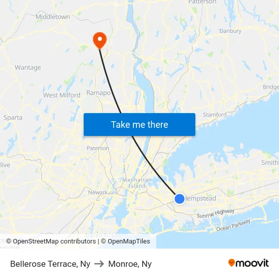 Bellerose Terrace to Monroe, Ny map