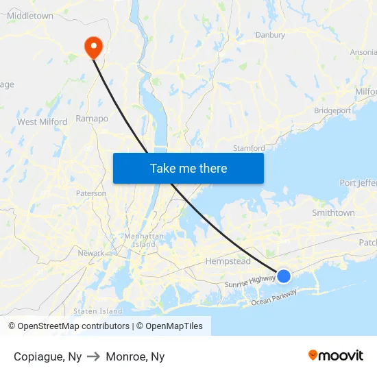 Copiague to Monroe, Ny map