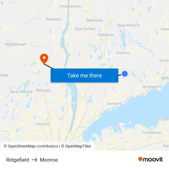 Ridgefield to Monroe map