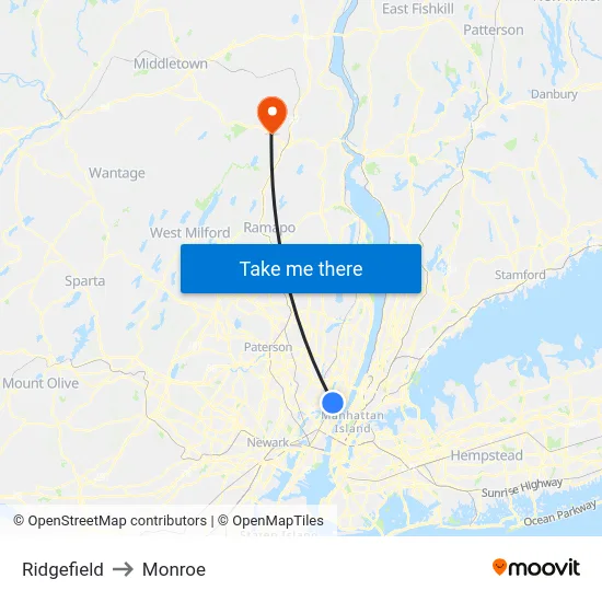 Ridgefield to Monroe map