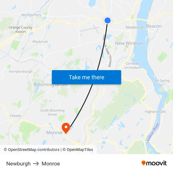 Newburgh to Monroe map