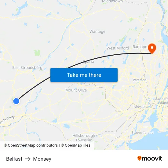 Belfast to Monsey map