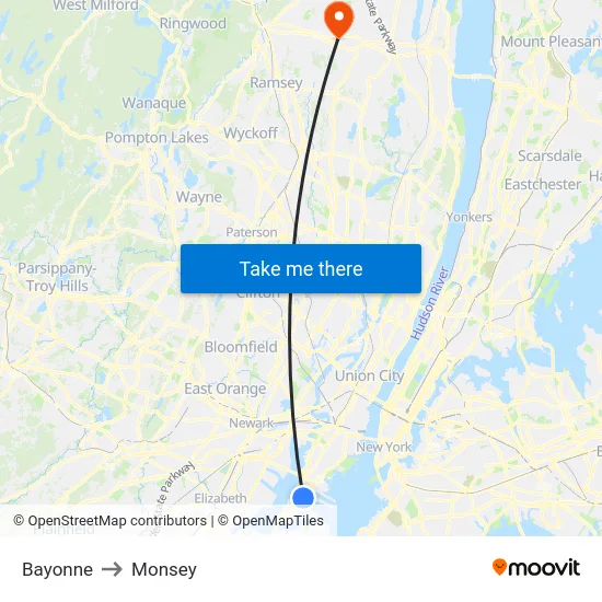 Bayonne to Monsey map