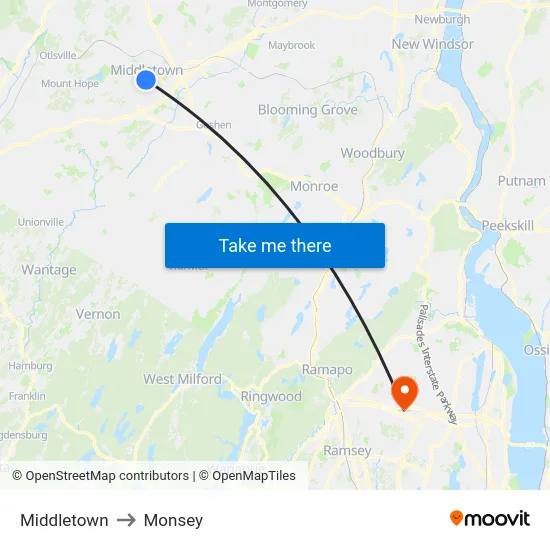 Middletown to Monsey map