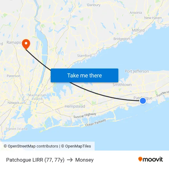 Patchogue LIRR (77, 77y) to Monsey map