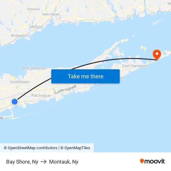 Bay Shore, Ny to Montauk, Ny map