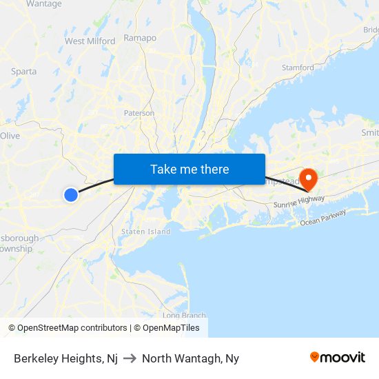 Berkeley Heights, Nj to North Wantagh, Ny map