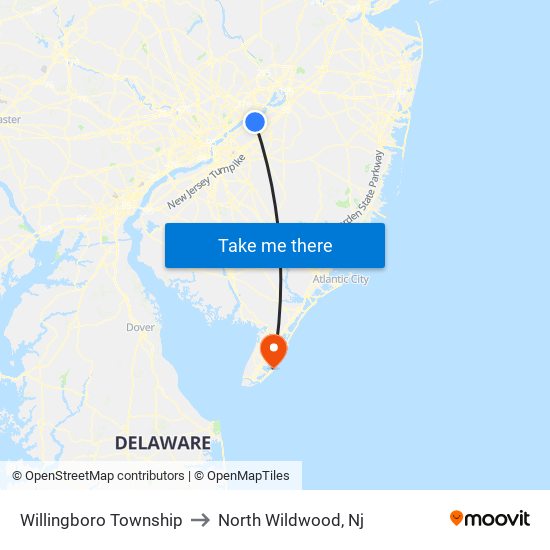 Willingboro Township to North Wildwood, Nj map