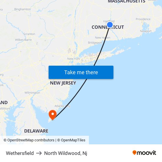 Wethersfield to North Wildwood, Nj map