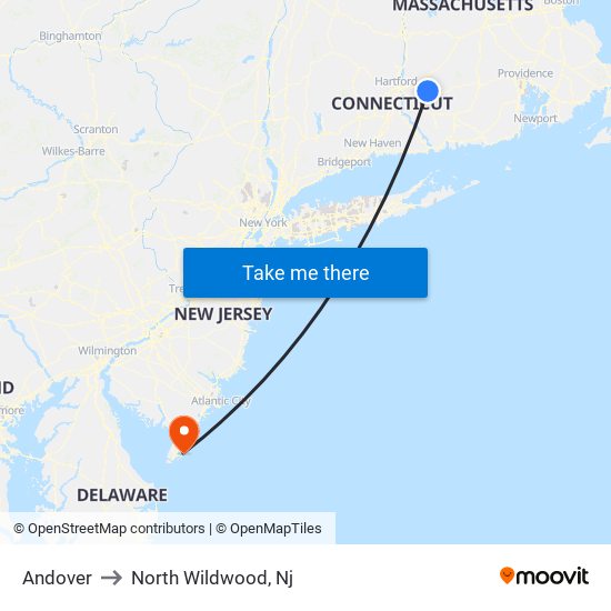 Andover to North Wildwood, Nj map