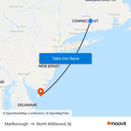 Marlborough to North Wildwood, Nj map