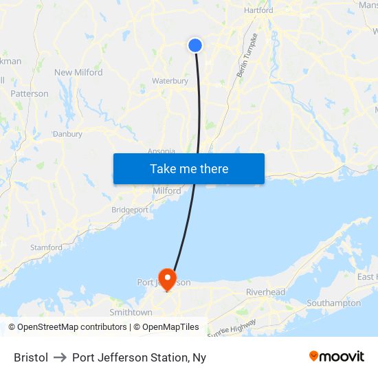 Bristol to Port Jefferson Station, Ny map