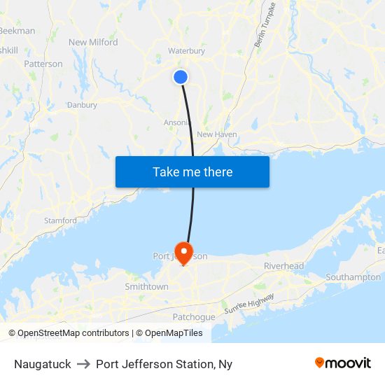 Naugatuck to Port Jefferson Station, Ny map