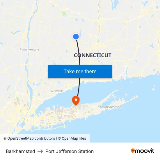 Barkhamsted to Port Jefferson Station map